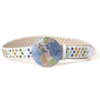 Unisex Large Round Bling Rhinstone Buckle Leather Belt