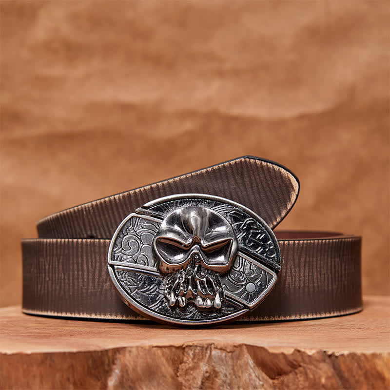 Men's DIY Skull Head Hidden Folding Knife Leather Belt