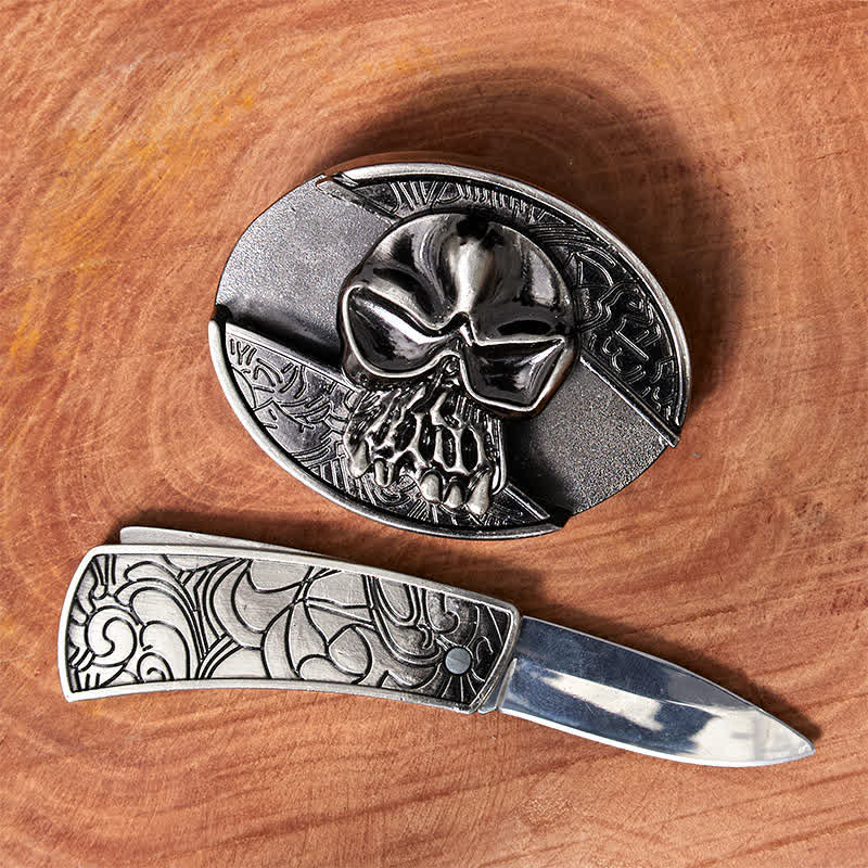Men's DIY Skull Head Hidden Folding Knife Leather Belt
