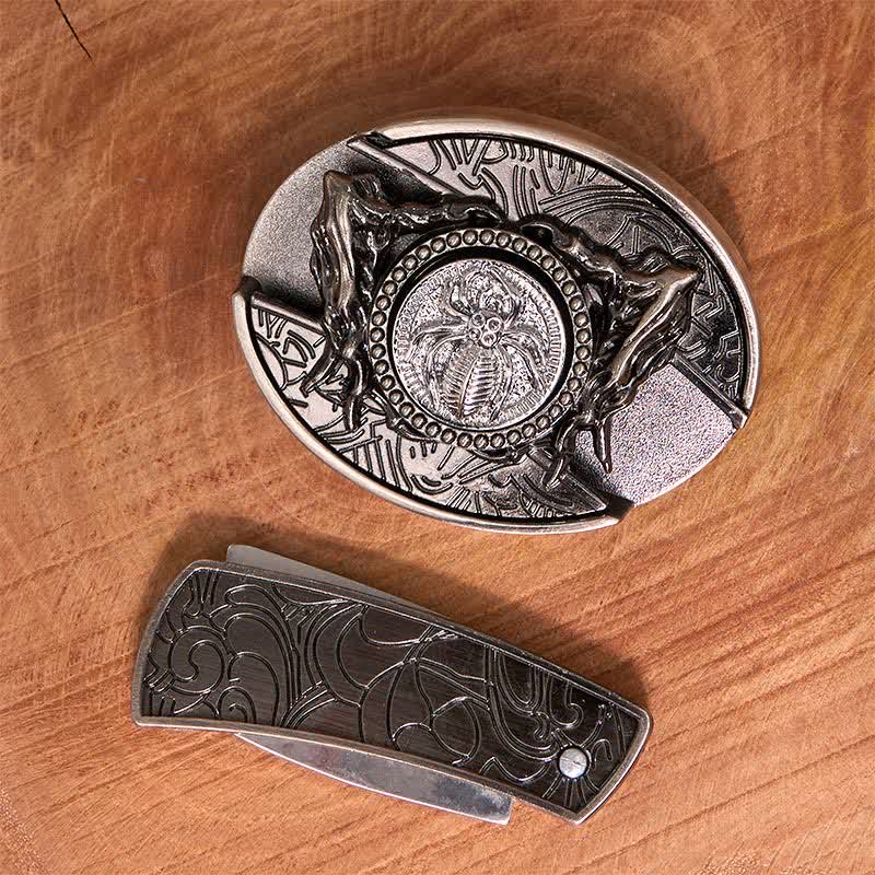 Men's DIY Rotating Spider Hidden Folding Knife Leather Belt