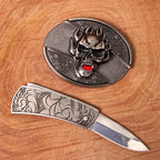 Men's DIY Flame Skull Hidden Folding Knife Leather Belt
