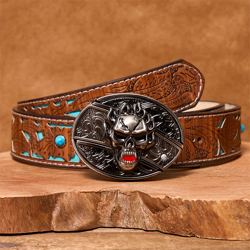 Men's DIY Flame Skull Hidden Folding Knife Leather Belt
