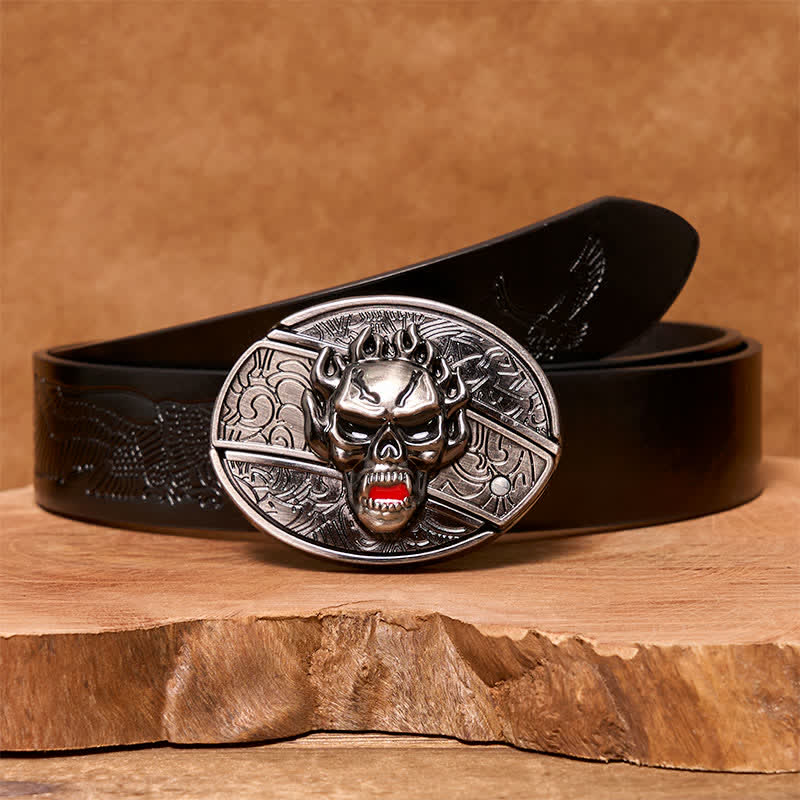 Men's DIY Flame Skull Hidden Folding Knife Leather Belt