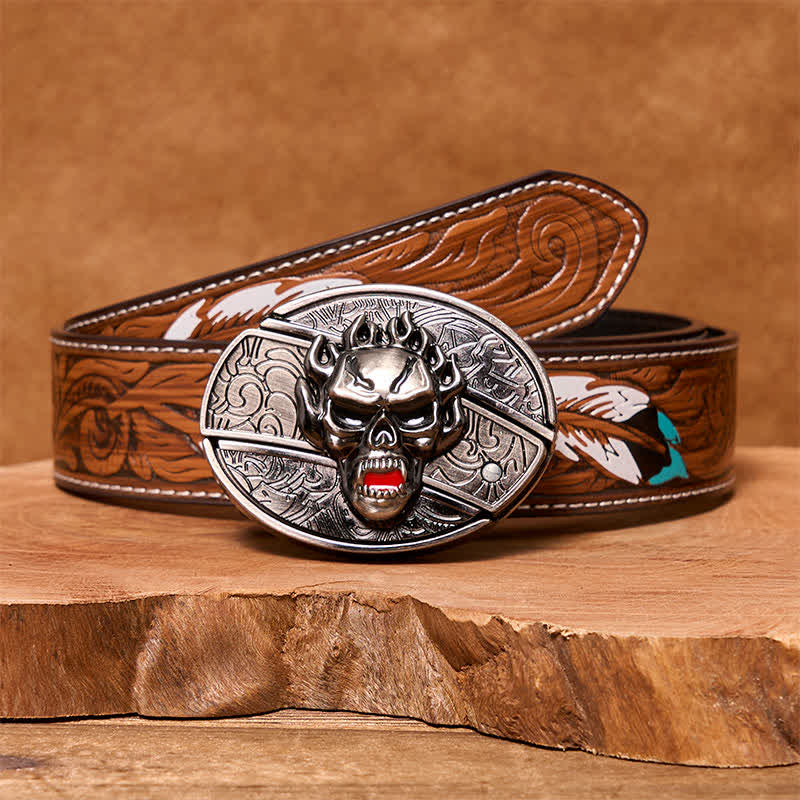 Men's DIY Flame Skull Hidden Folding Knife Leather Belt