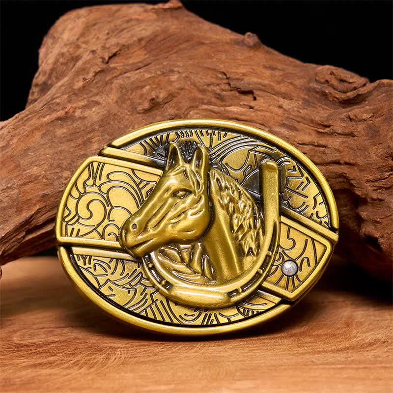 Men's DIY Bronze Horse Head Hidden Folding Knife Leather Belt