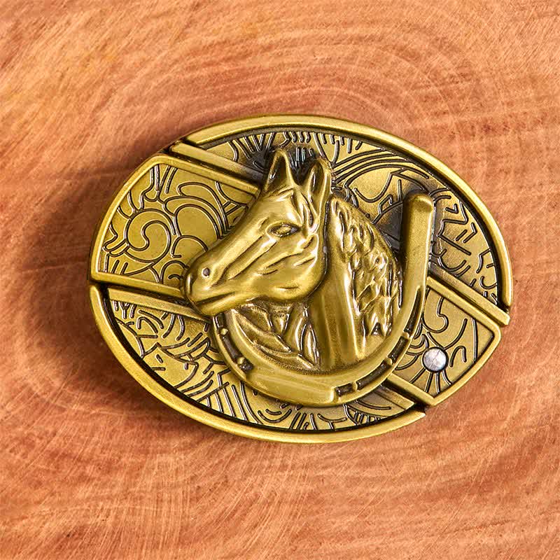 Men's DIY Bronze Horse Head Hidden Folding Knife Leather Belt