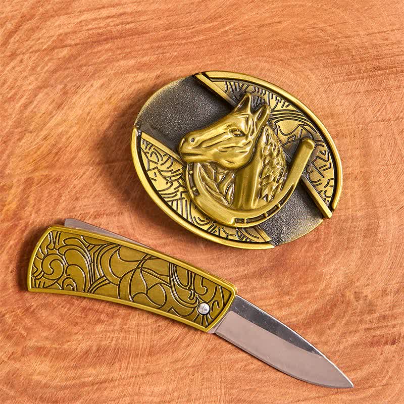 Men's DIY Bronze Horse Head Hidden Folding Knife Leather Belt