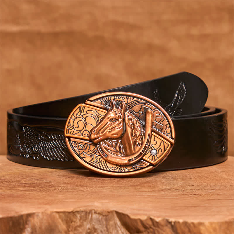 Men's DIY Red Bronze Horse Head Hidden Folding Knife Leather Belt