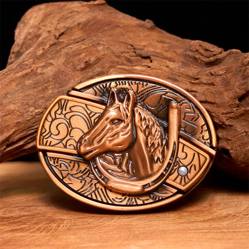 Men's DIY Red Bronze Horse Head Hidden Folding Knife Leather Belt