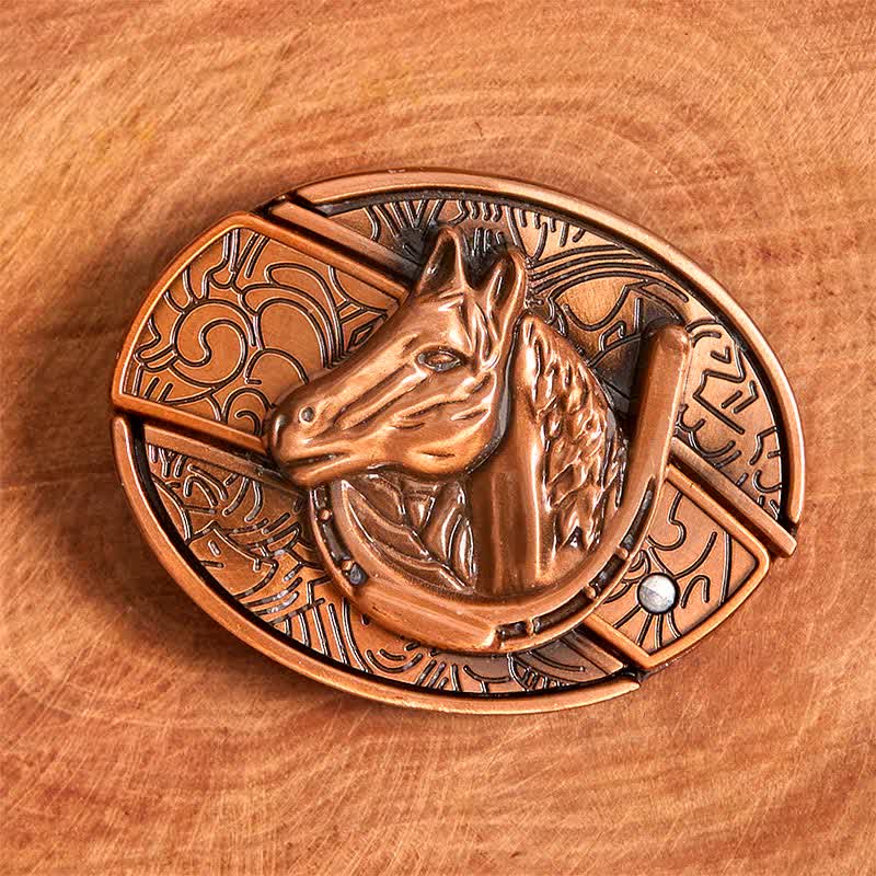 Men's DIY Red Bronze Horse Head Hidden Folding Knife Leather Belt