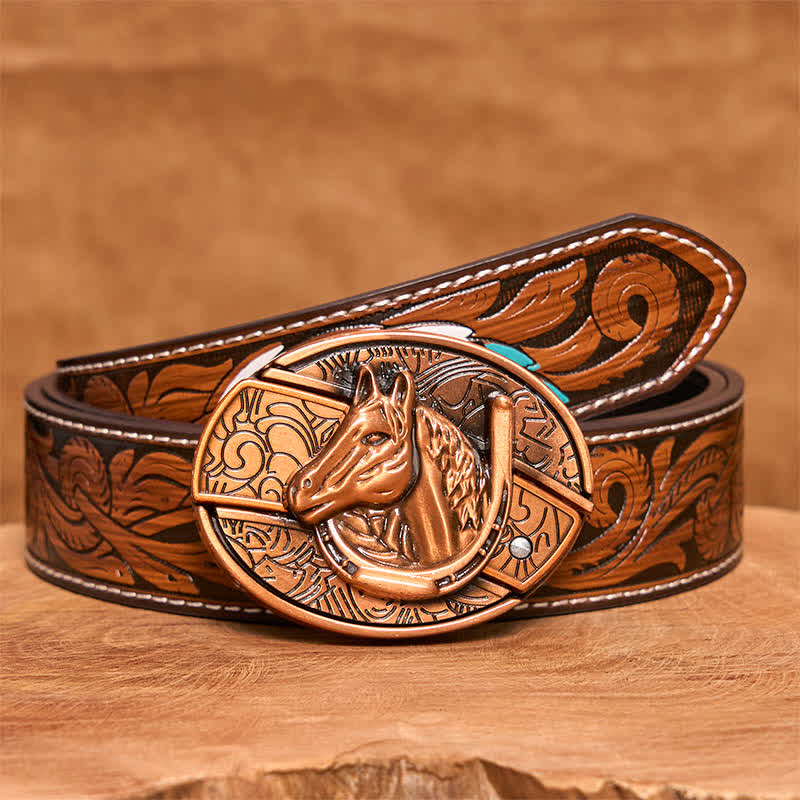 Men's DIY Red Bronze Horse Head Hidden Folding Knife Leather Belt