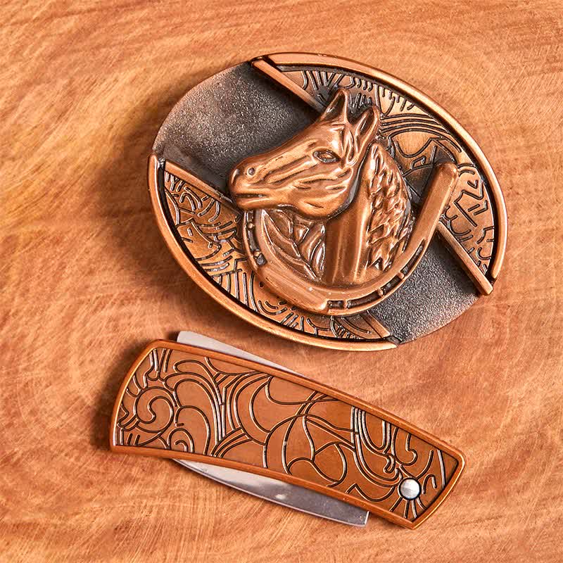 Men's DIY Red Bronze Horse Head Hidden Folding Knife Leather Belt