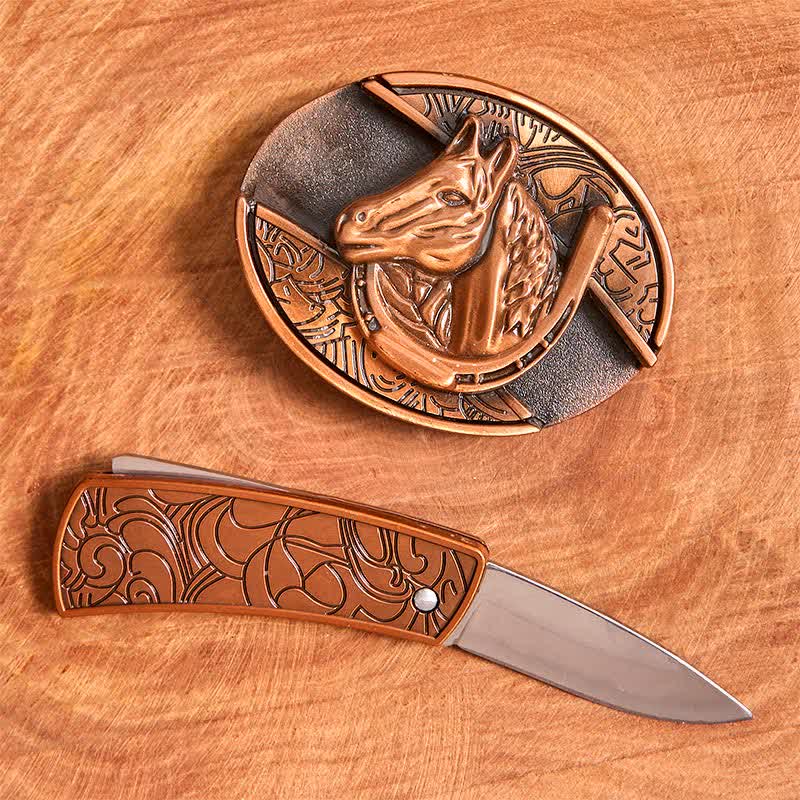 Men's DIY Red Bronze Horse Head Hidden Folding Knife Leather Belt