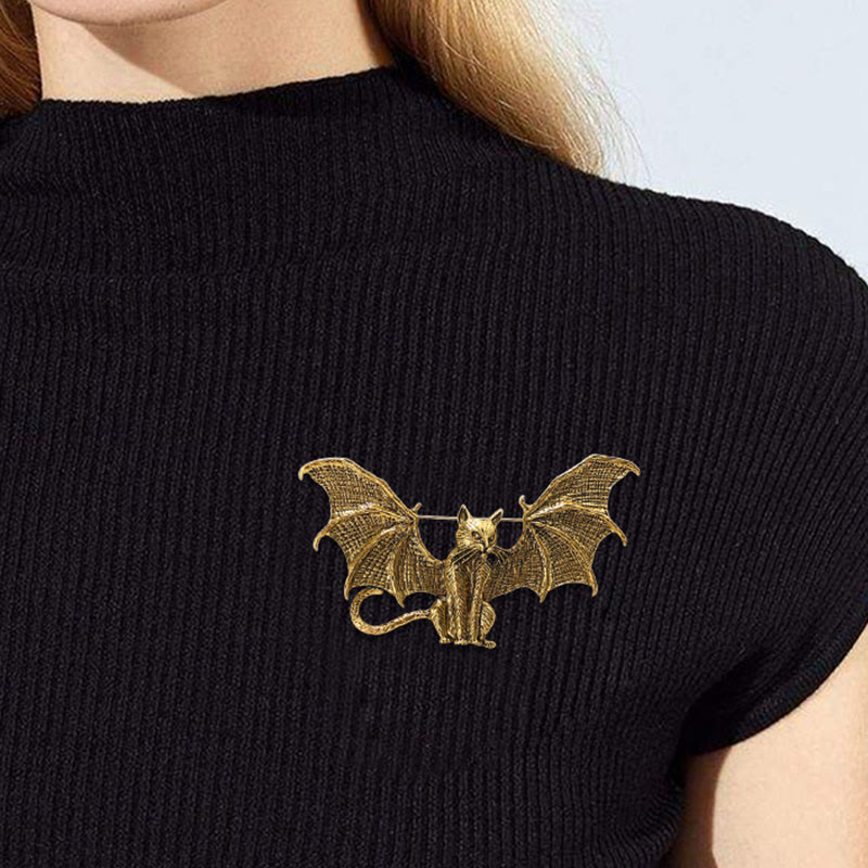 Halloween Gold & Silver Winged Cat Shaped Brooch Accessory