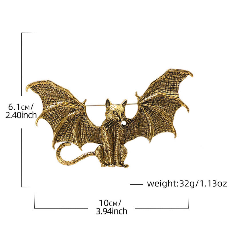 Halloween Gold & Silver Winged Cat Shaped Brooch Accessory