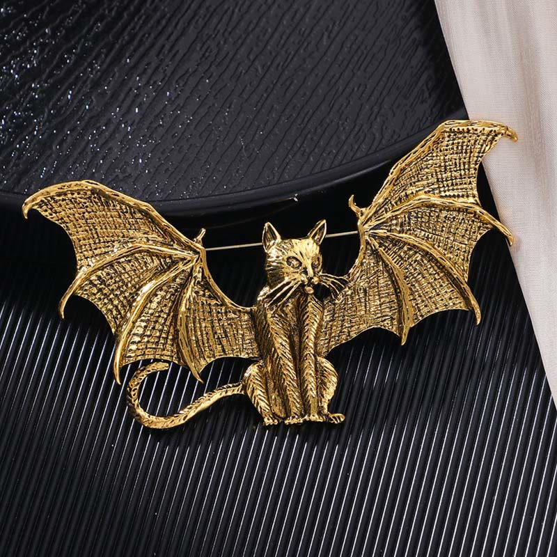 Halloween Gold & Silver Winged Cat Shaped Brooch Accessory